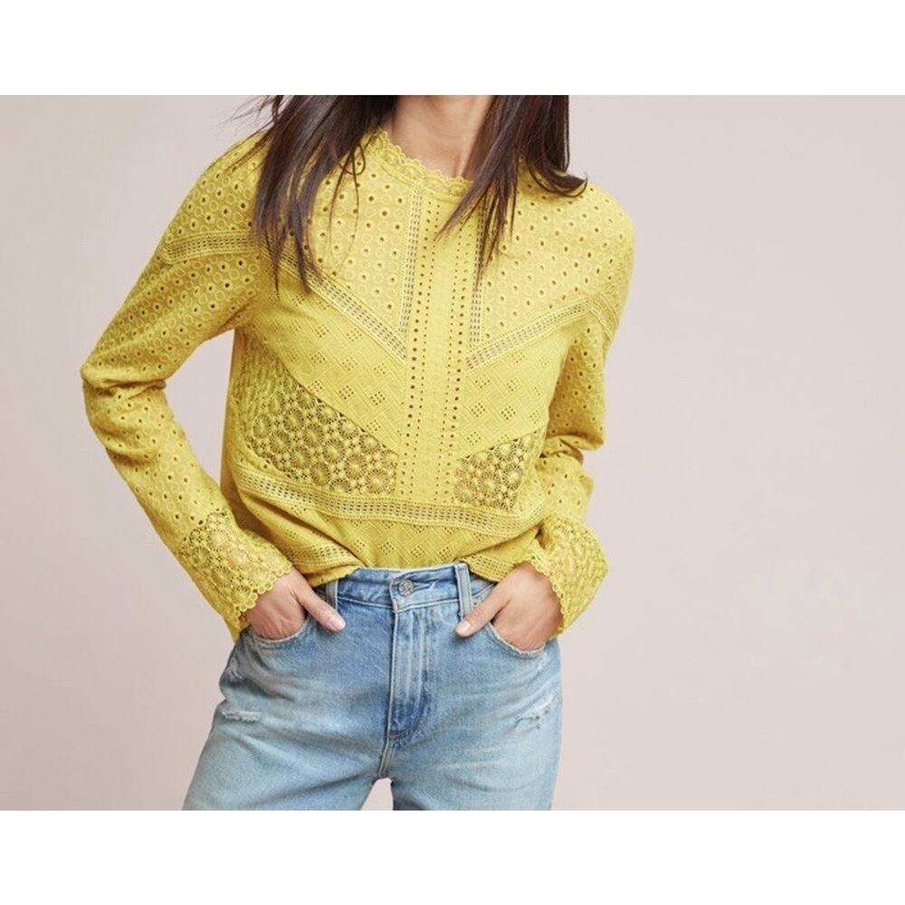James Coviello Anthropologie Burnham Boho Lace Long Sleeve Top-Gold Yellow-Sz XS - Picture 2 of 10